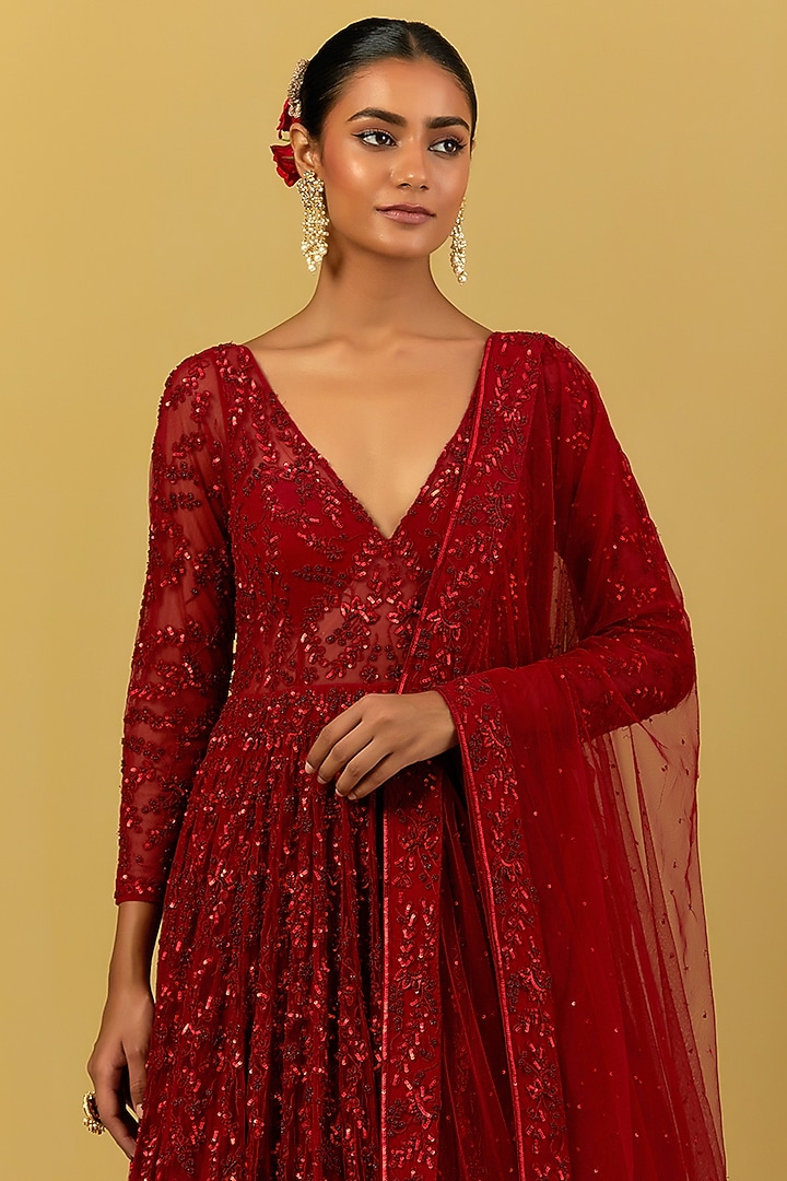 Red Hand Embroidered Wedding Gown With Dupatta by Ikshita Choudhary at Pernia's Pop Up Shop
