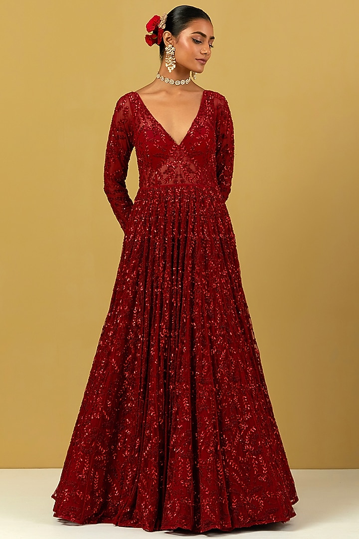 Red Hand Embroidered Wedding Gown With Dupatta by Ikshita Choudhary at Pernia's Pop Up Shop
