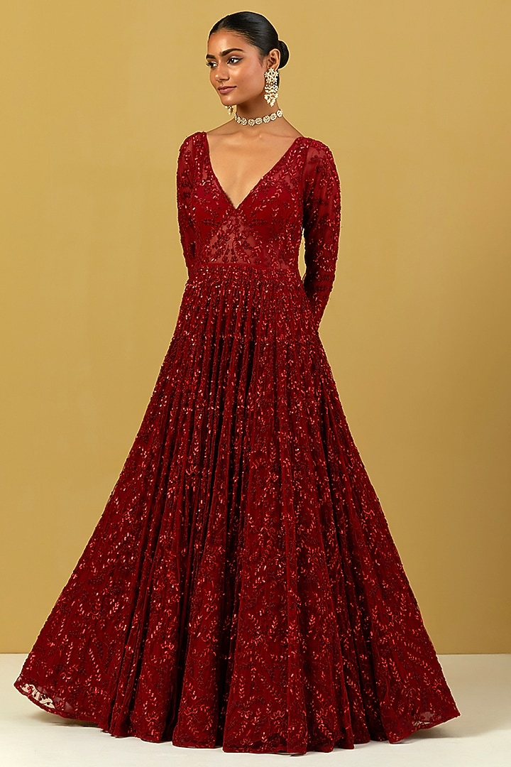 Red Hand Embroidered Engagement Gown by Ikshita Choudhary at Pernia's Pop Up Shop