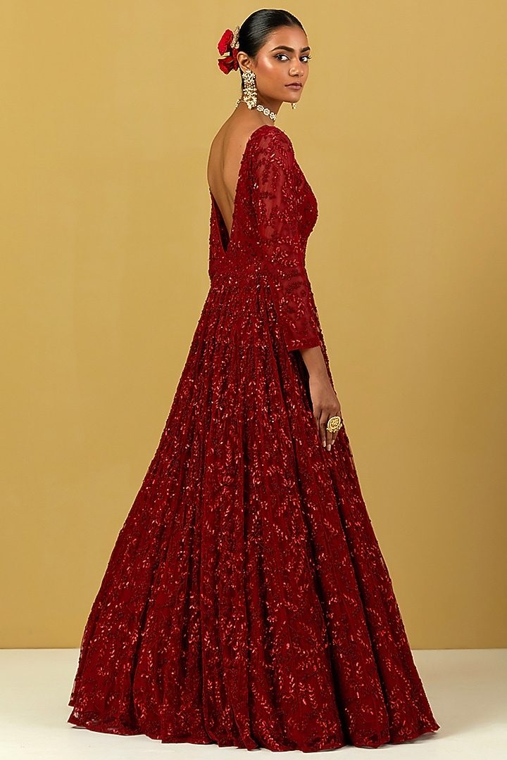 Red Hand Embroidered Engagement Gown by Ikshita Choudhary at Pernia's Pop Up Shop