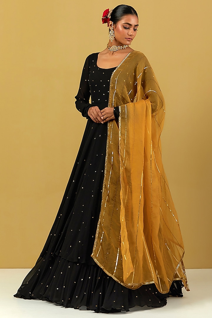 Black Hand Embroidered Gown With Dupatta by Ikshita Choudhary