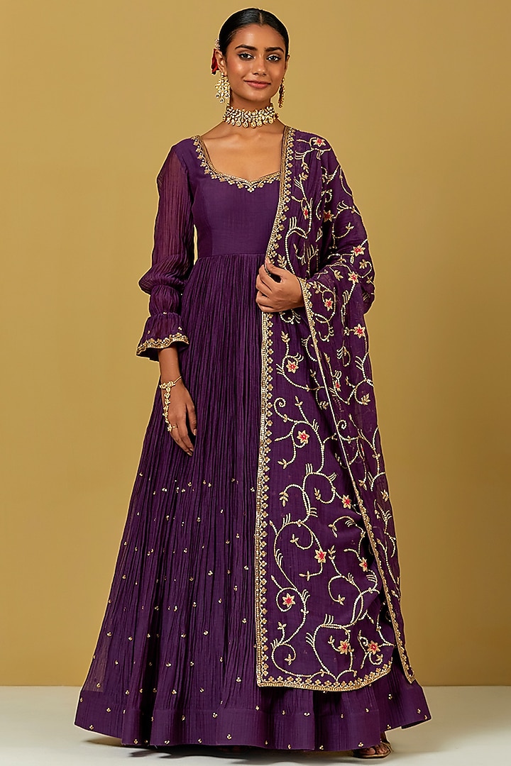 Purple Hand Embroidered Anarkali Set by Ikshita Choudhary at Pernia's Pop Up Shop