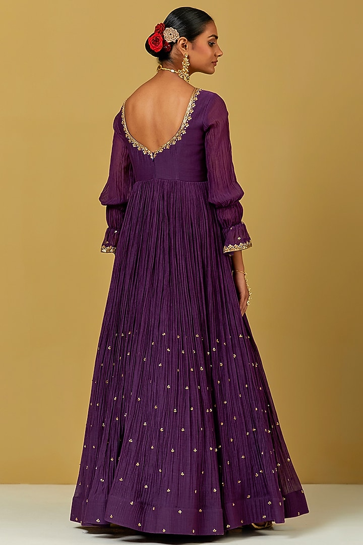 Purple Hand Embroidered Wedding Anarkali Set by Ikshita Choudhary at Pernia's Pop Up Shop