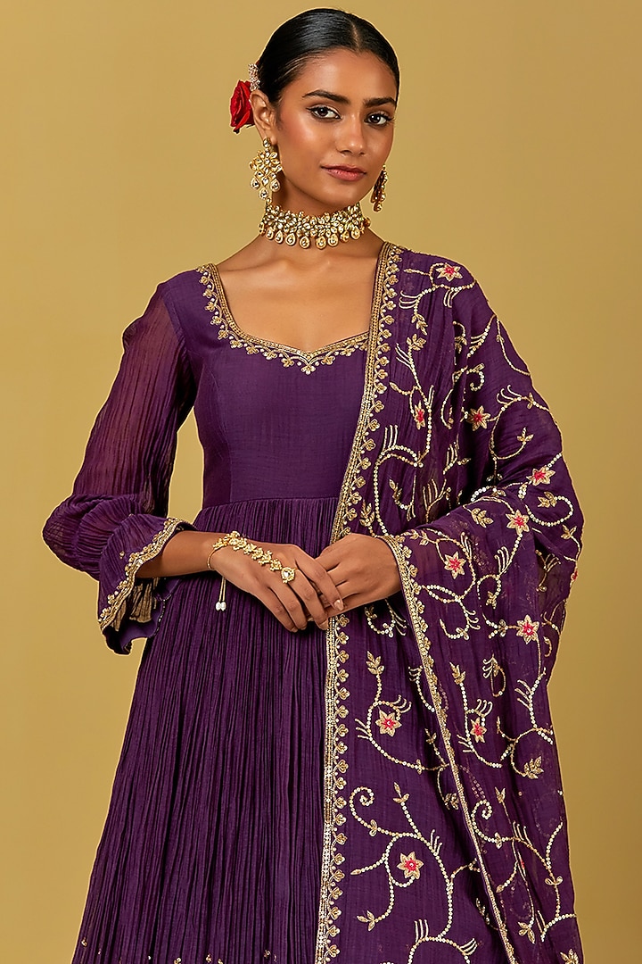 Purple Hand Embroidered Wedding Anarkali Set by Ikshita Choudhary at Pernia's Pop Up Shop