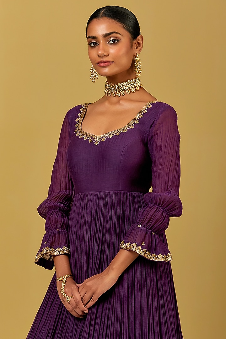 Purple Hand Embroidered Wedding Anarkali Set by Ikshita Choudhary at Pernia's Pop Up Shop