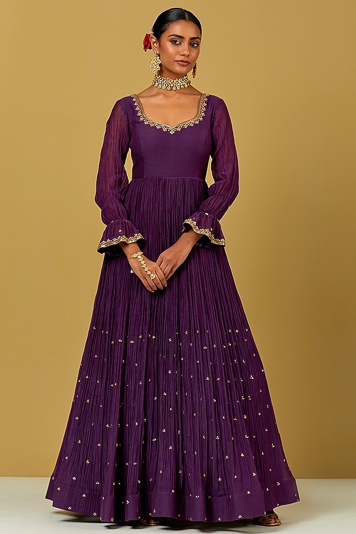 Purple Hand Embroidered Wedding Anarkali Set by Ikshita Choudhary at Pernia's Pop Up Shop