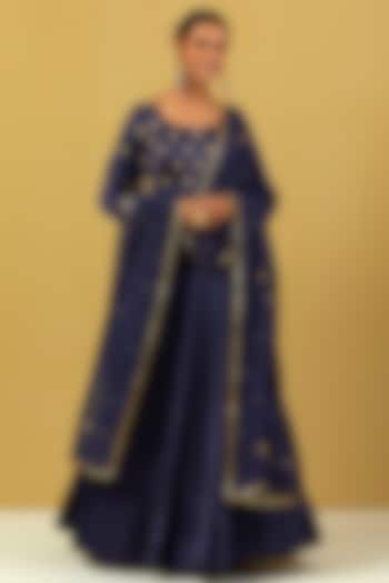 Navy Blue Hand Embroidered Party Wear Anarkali Set by Ikshita Choudhary at Pernia's Pop Up Shop