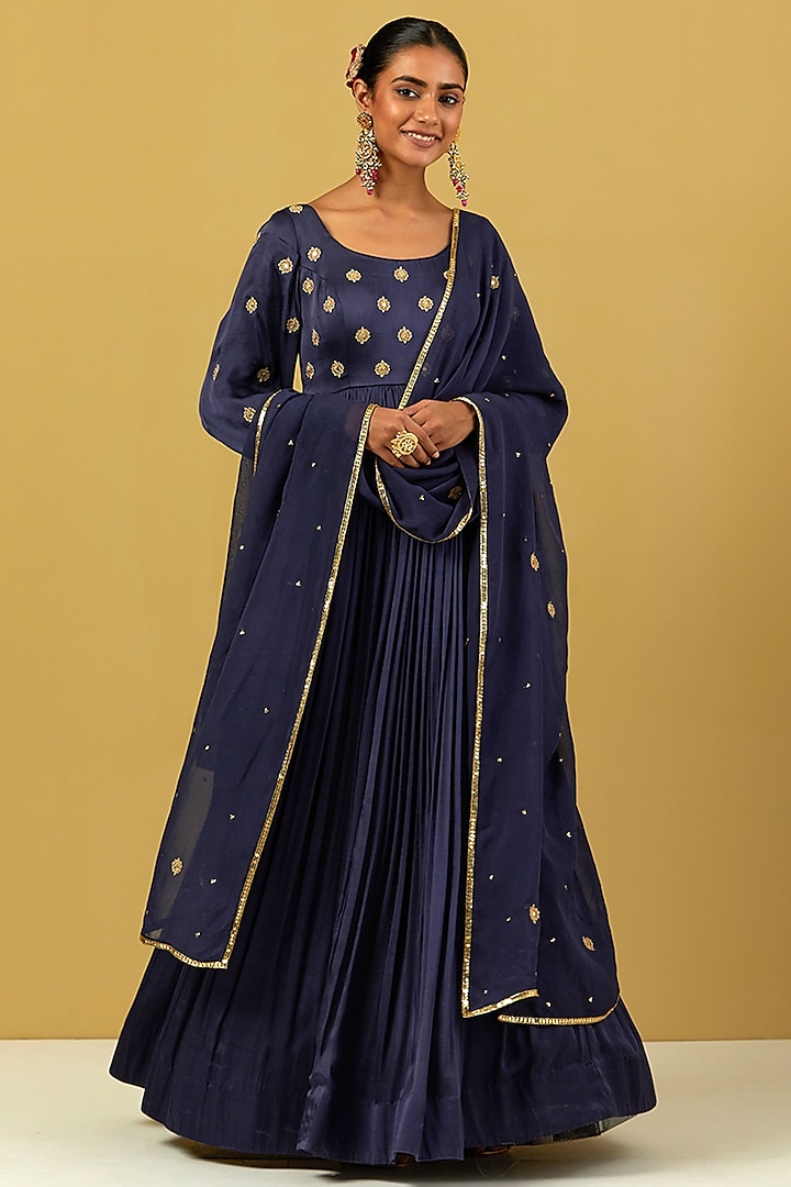 Navy Blue Hand Embroidered Party Wear Anarkali Set by Ikshita Choudhary at Pernia's Pop Up Shop