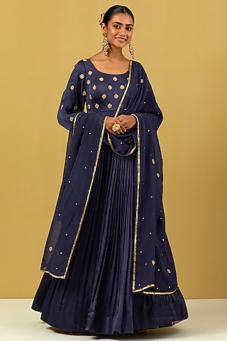Navy Blue Hand Embroidered Anarkali Set by Ikshita Choudhary