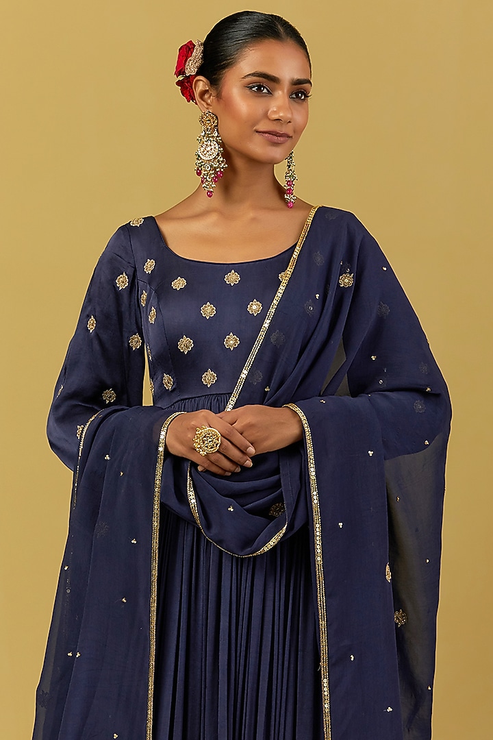 Navy Blue Hand Embroidered Party Wear Anarkali Set by Ikshita Choudhary at Pernia's Pop Up Shop