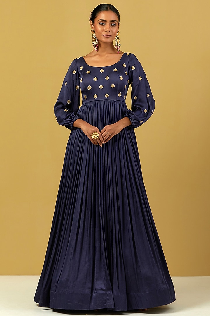Navy Blue Hand Embroidered Party Wear Anarkali Set by Ikshita Choudhary at Pernia's Pop Up Shop