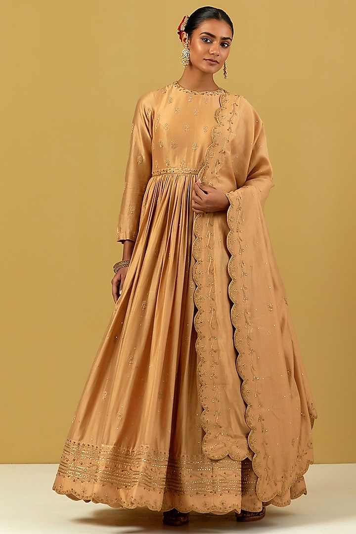 Beige Hand Embroidered Anarkali Set by Ikshita Choudhary