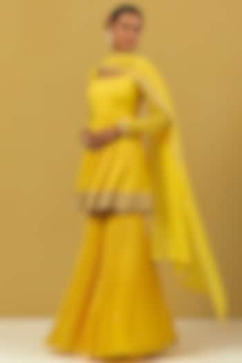 Yellow Georgette Hand Embroidered Gharara Set by Ikshita Choudhary at Pernia's Pop Up Shop