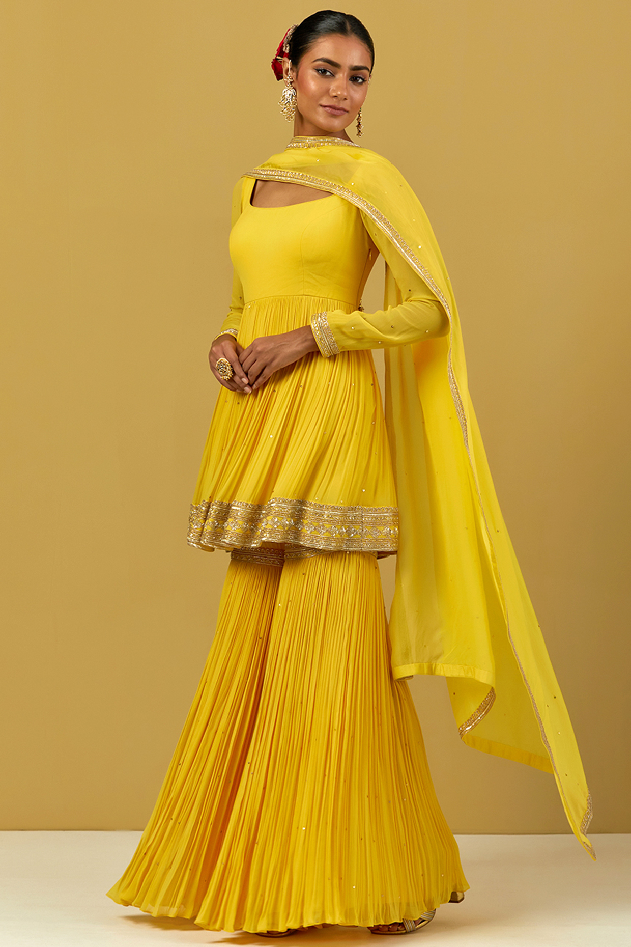 Yellow Georgette Hand Embroidered Gharara Set by Ikshita Choudhary at Pernia's Pop Up Shop