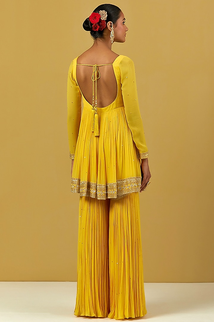 Yellow Georgette Hand Embroidered Gharara Set by Ikshita Choudhary at Pernia's Pop Up Shop