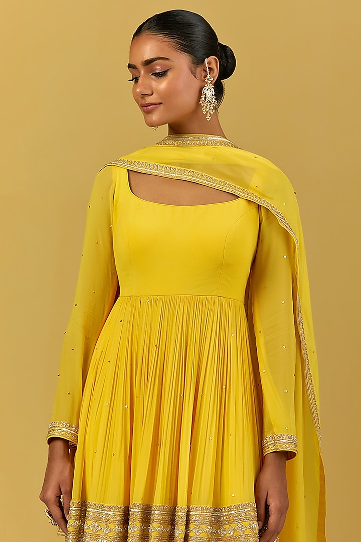 Yellow Georgette Hand Embroidered Gharara Set by Ikshita Choudhary at Pernia's Pop Up Shop