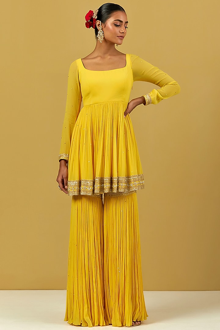 Yellow Georgette Hand Embroidered Gharara Set by Ikshita Choudhary at Pernia's Pop Up Shop