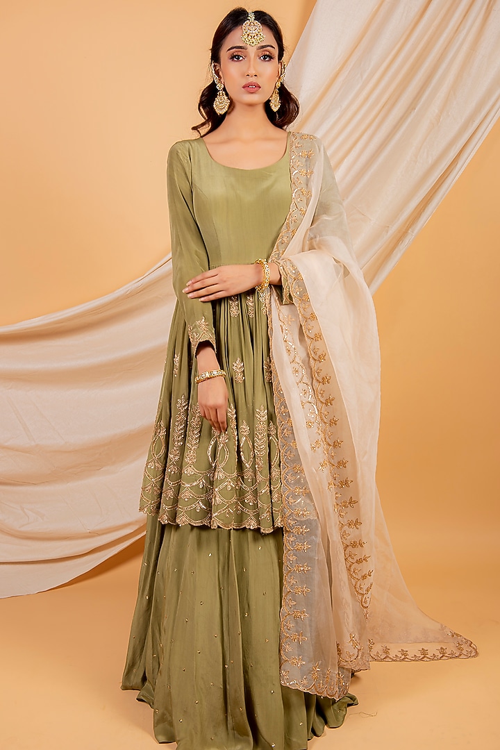 Cocktail Olive Crepe & Tissue Organza Skirt Set by Ikshita Choudhary at Pernia's Pop Up Shop
