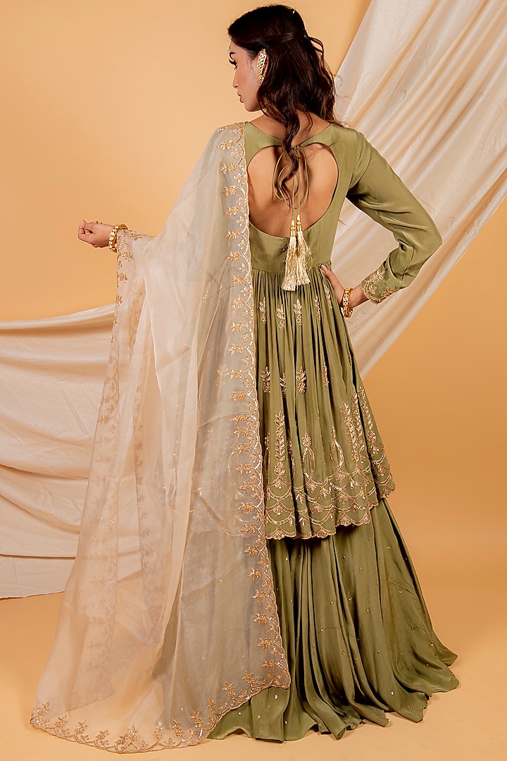 Cocktail Olive Crepe & Tissue Organza Skirt Set by Ikshita Choudhary at Pernia's Pop Up Shop