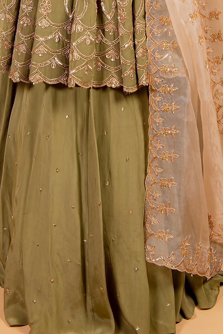 Cocktail Olive Crepe & Tissue Organza Skirt Set by Ikshita Choudhary at Pernia's Pop Up Shop