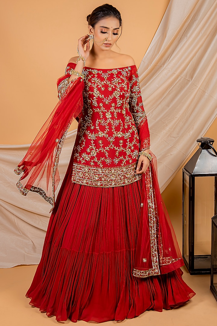 Fiery Red Georgette & Net Gathered Skirt Set by Ikshita Choudhary at Pernia's Pop Up Shop