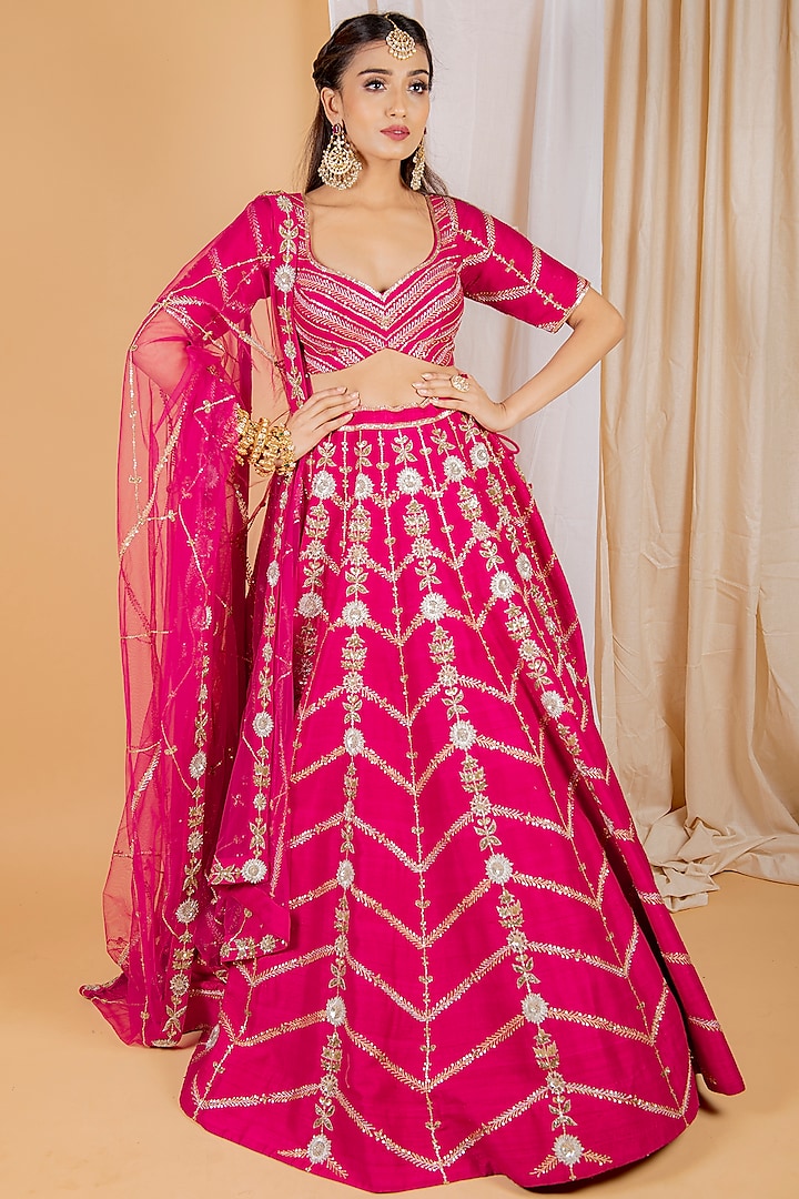 Dark Pink Machine & Hand Embroidered Lehenga Set by Ikshita Choudhary