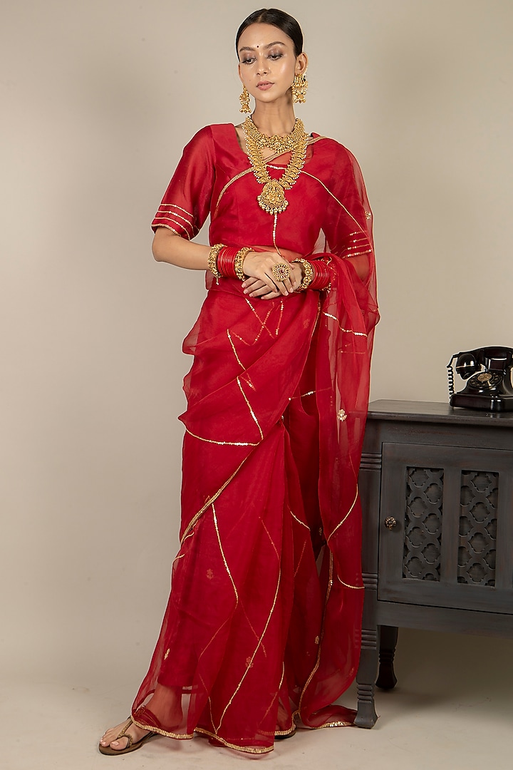 Lychee Red Hand Embroidered Saree Set by Ikshita Choudhary