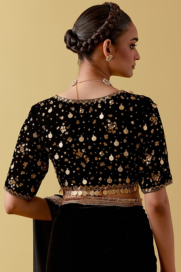 Black Velvet Hand & Machine Embroidered Wedding Saree Set by Ikshita Choudhary at Pernia's Pop Up Shop