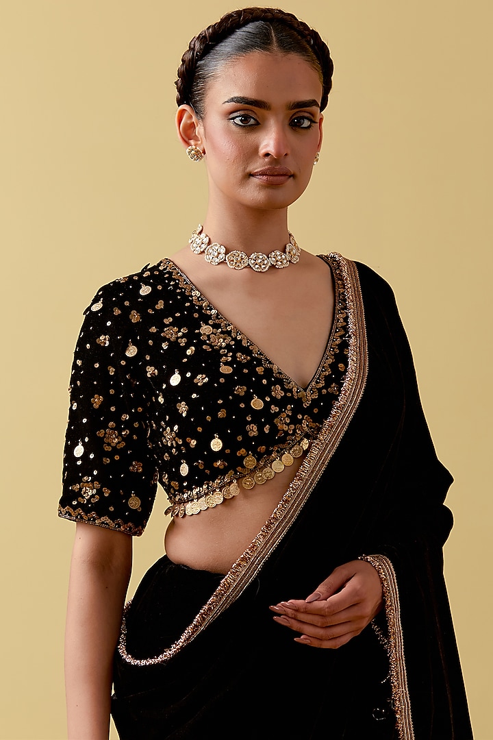 Black Velvet Hand & Machine Embroidered Wedding Saree Set by Ikshita Choudhary at Pernia's Pop Up Shop
