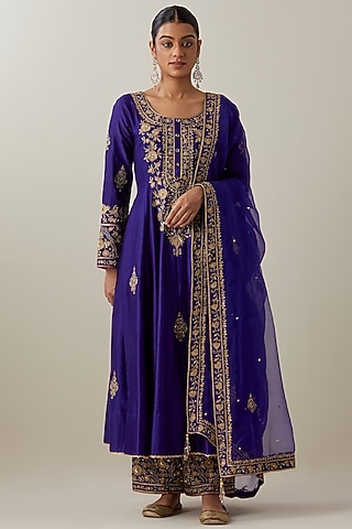 Purple Chanderi Silk Hand & Machine Embroidered Anarkali Set by Ikshita Choudhary