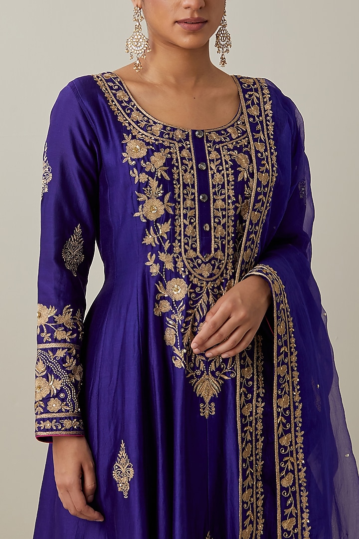 Purple Chanderi Silk Hand & Machine Embroidered Wedding Anarkali Set by Ikshita Choudhary at Pernia's Pop Up Shop