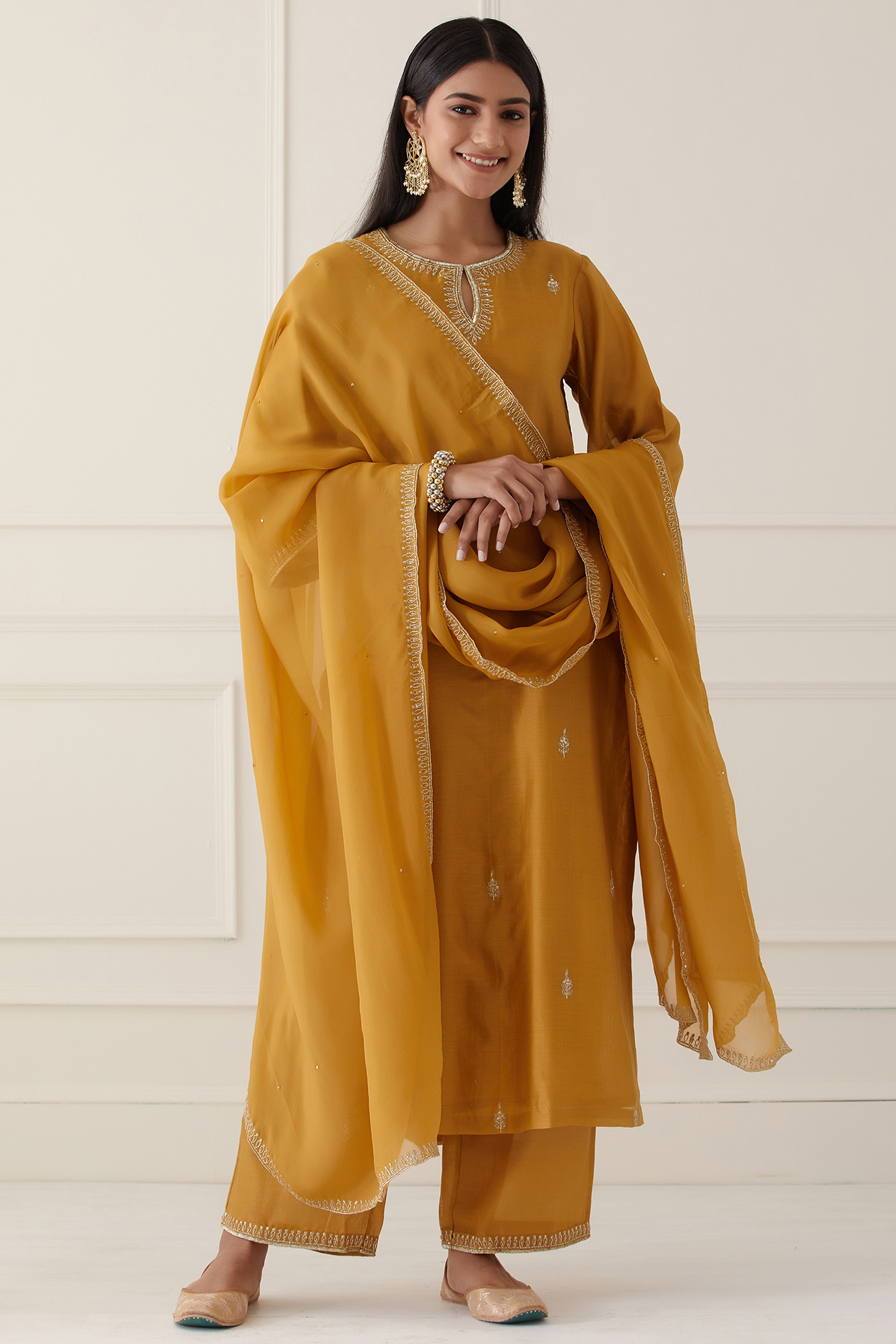 Mustard Yellow Embroidered Kurta Set by Ikshita Choudhary