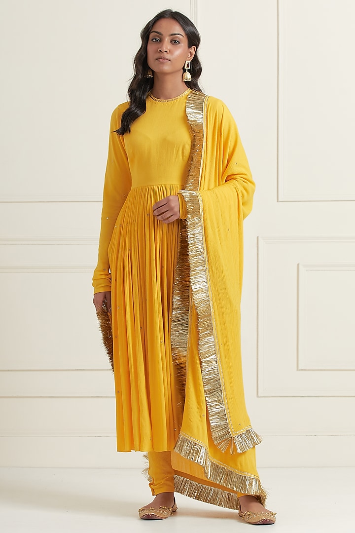 Yellow Wrinkle Cotton Hand Embroidered Anarkali Set by Ikshita Choudhary