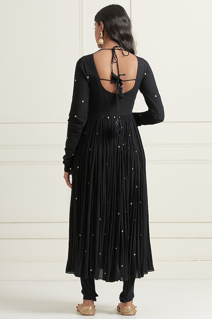 Women Black Cotton Hand Blocked Printed Anarkali With Wrap Detail - Inayat