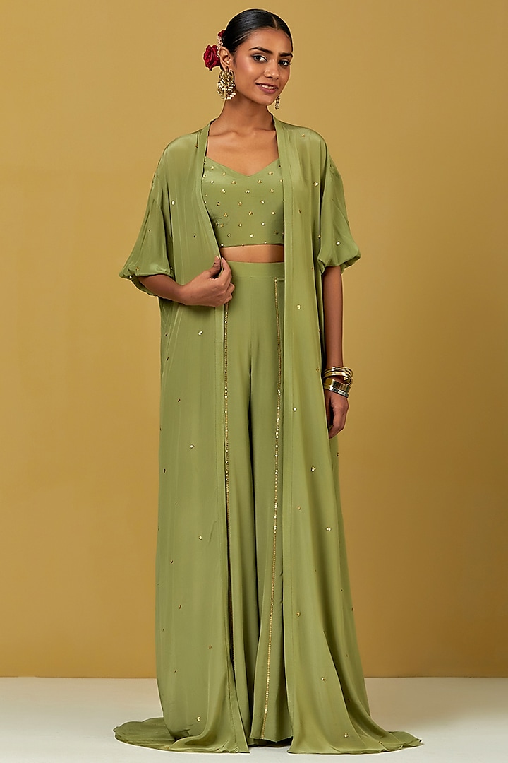 Green Crepe Hand Embroidered Cape Set by Ikshita Choudhary at Pernia's Pop Up Shop