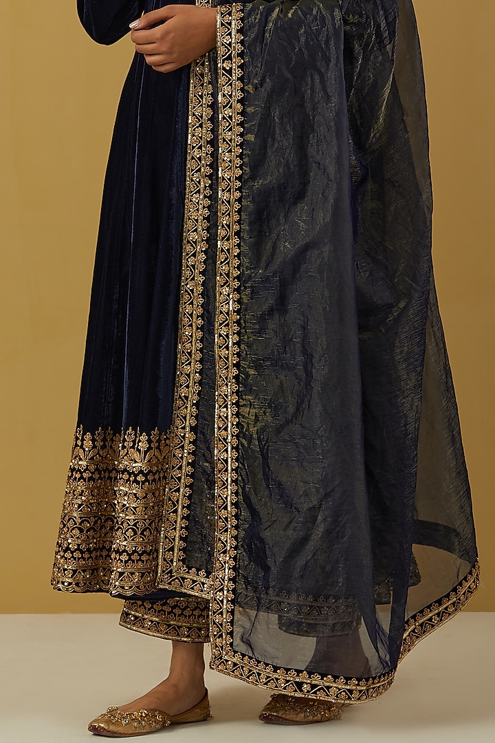 Deep Blue Velvet Anarkali with Gold Zari Hand Embroidery and Kundan Work