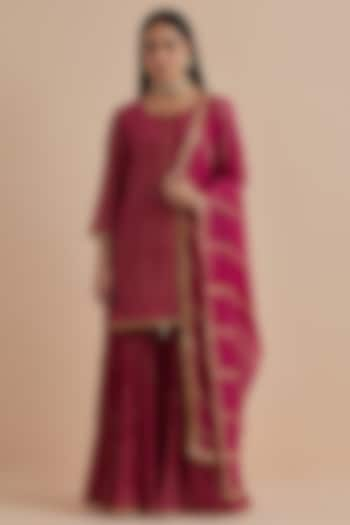 Magenta Chanderi Printed Gharara Set by Ikshita Choudhary at Pernia's Pop Up Shop