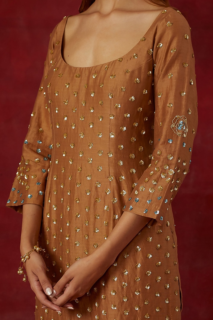 Rust Chanderi Silk Hand Embroidered Kurta Set by Ikshita Choudhary at Pernia's Pop Up Shop