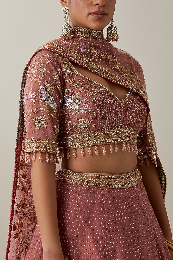 Blush Pink Net & Chanderi Embroidered Bridal Lehenga Set by Ikshita Choudhary at Pernia's Pop Up Shop