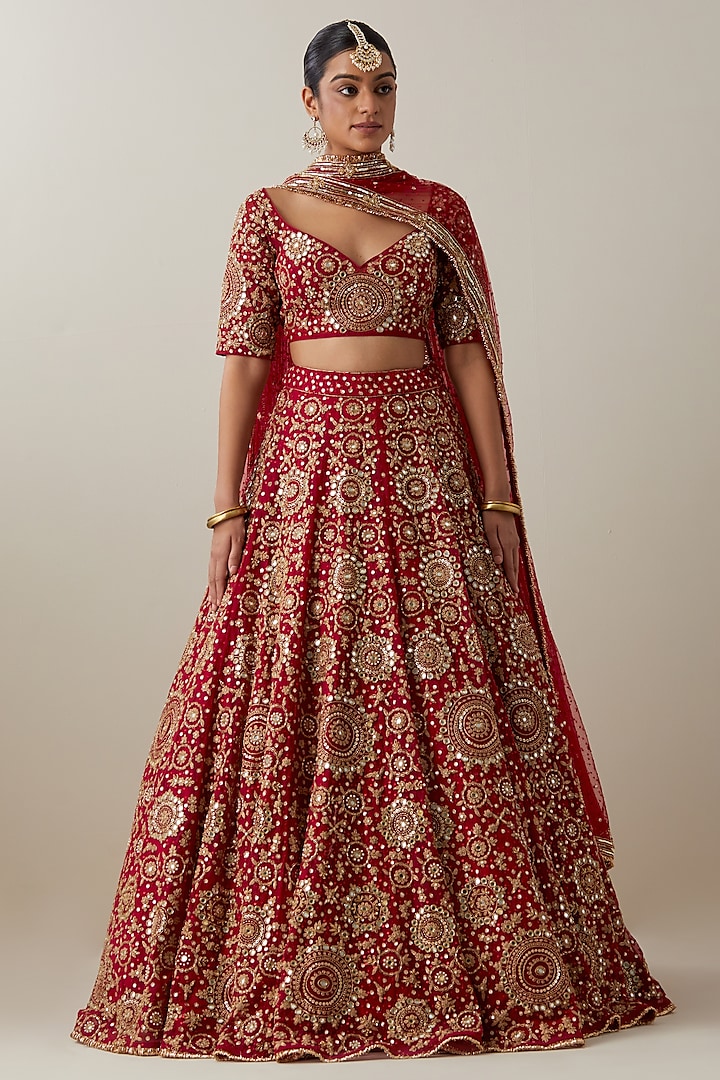 Red Net Hand & Machine Embroidered Bridal Lehenga Set by Ikshita Choudhary at Pernia's Pop Up Shop