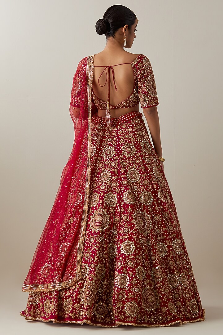 Red Net Hand & Machine Embroidered Bridal Lehenga Set by Ikshita Choudhary at Pernia's Pop Up Shop