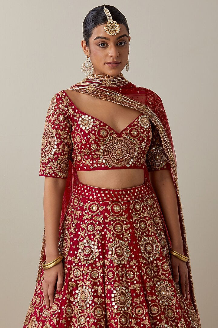 Red Net Hand & Machine Embroidered Bridal Lehenga Set by Ikshita Choudhary at Pernia's Pop Up Shop