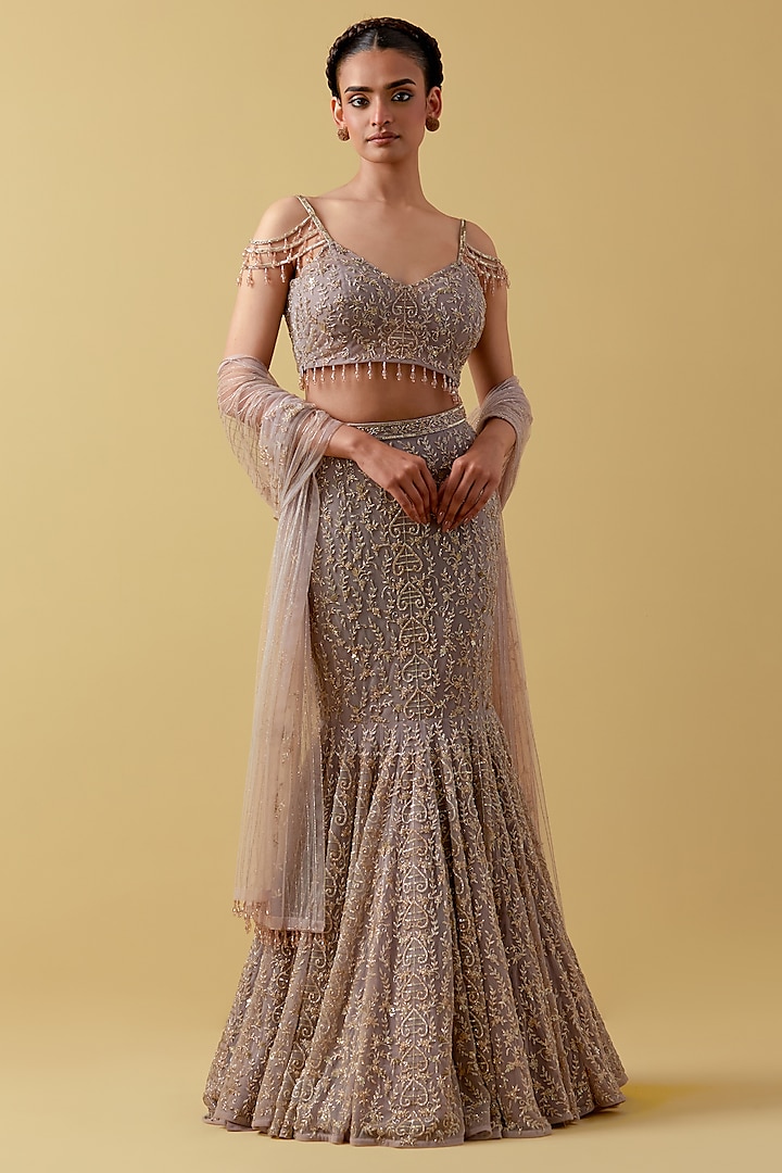 Lavender Net Hand Embroidered Wedding Lehenga Set by Ikshita Choudhary at Pernia's Pop Up Shop
