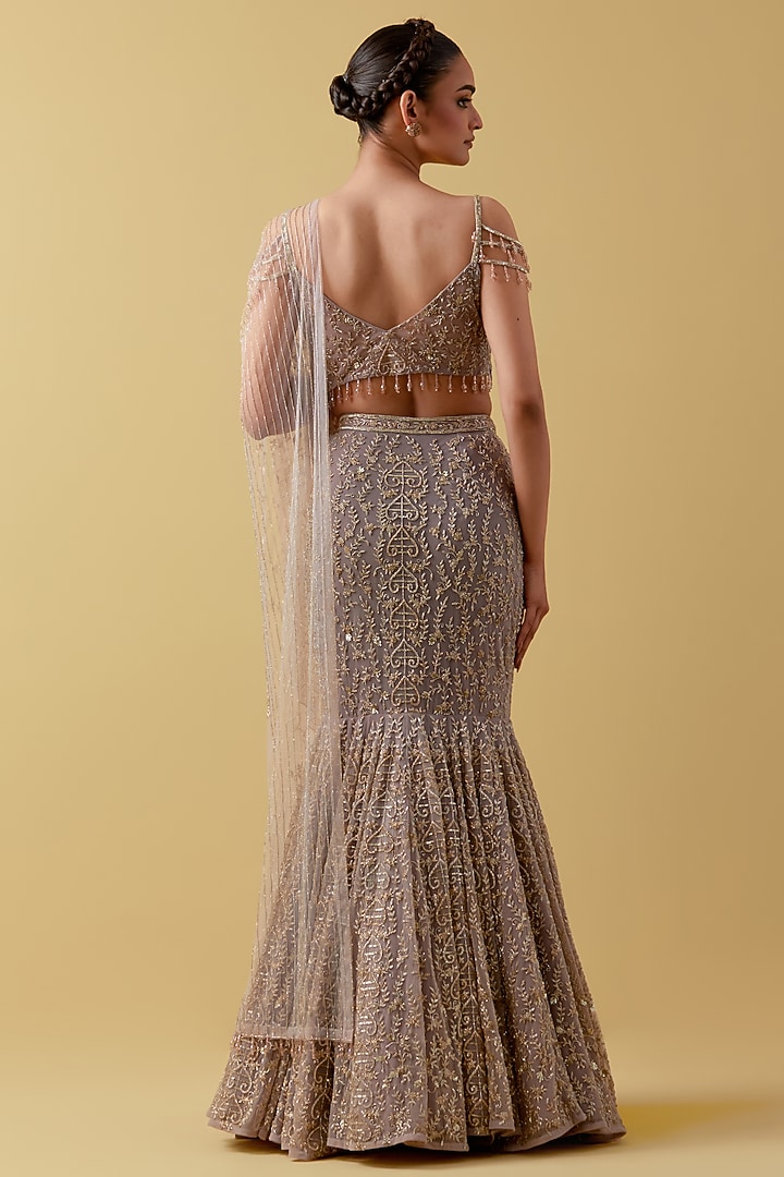 Lavender Net Hand Embroidered Wedding Lehenga Set by Ikshita Choudhary at Pernia's Pop Up Shop