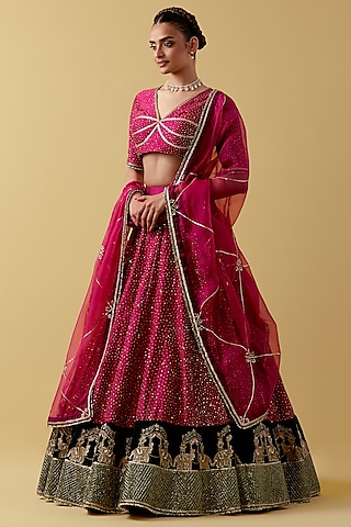 Magenta Chanderi Hand & Machine Embroidered Lehenga Set by Ikshita Choudhary