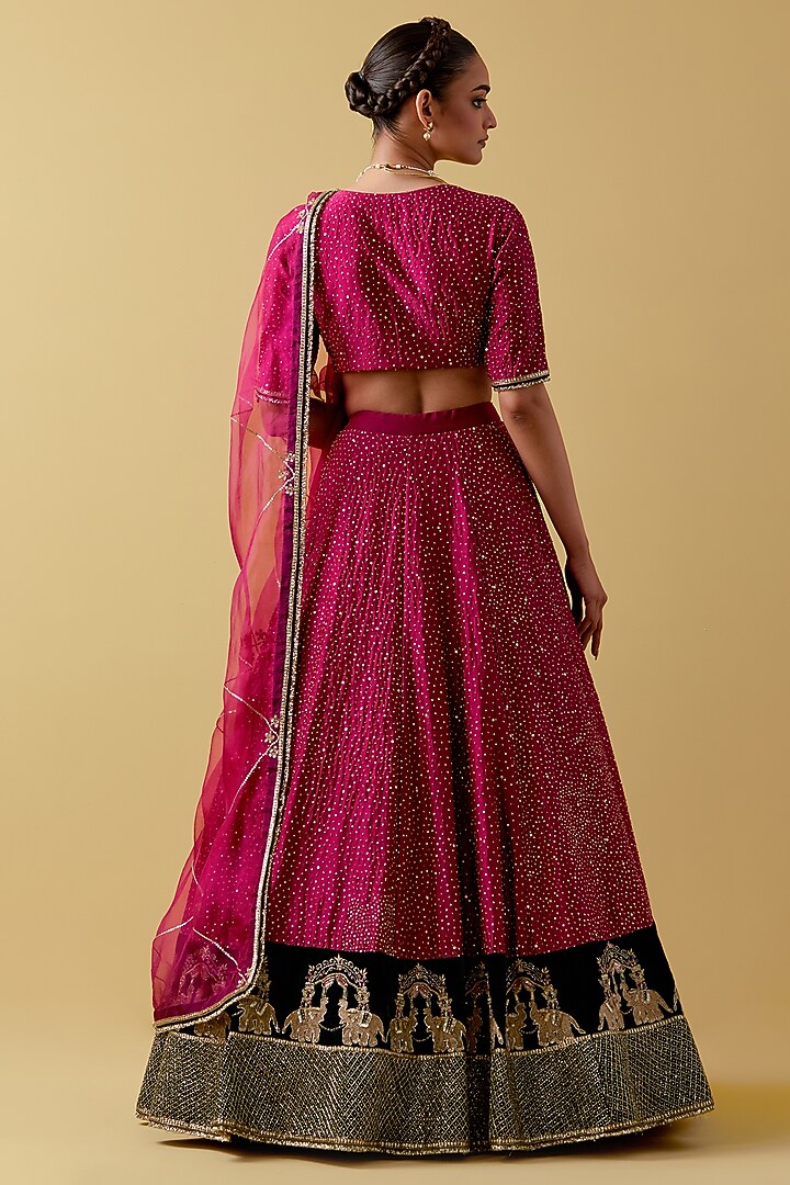 Magenta Chanderi Hand & Machine Embroidered Wedding Lehenga Set by Ikshita Choudhary at Pernia's Pop Up Shop
