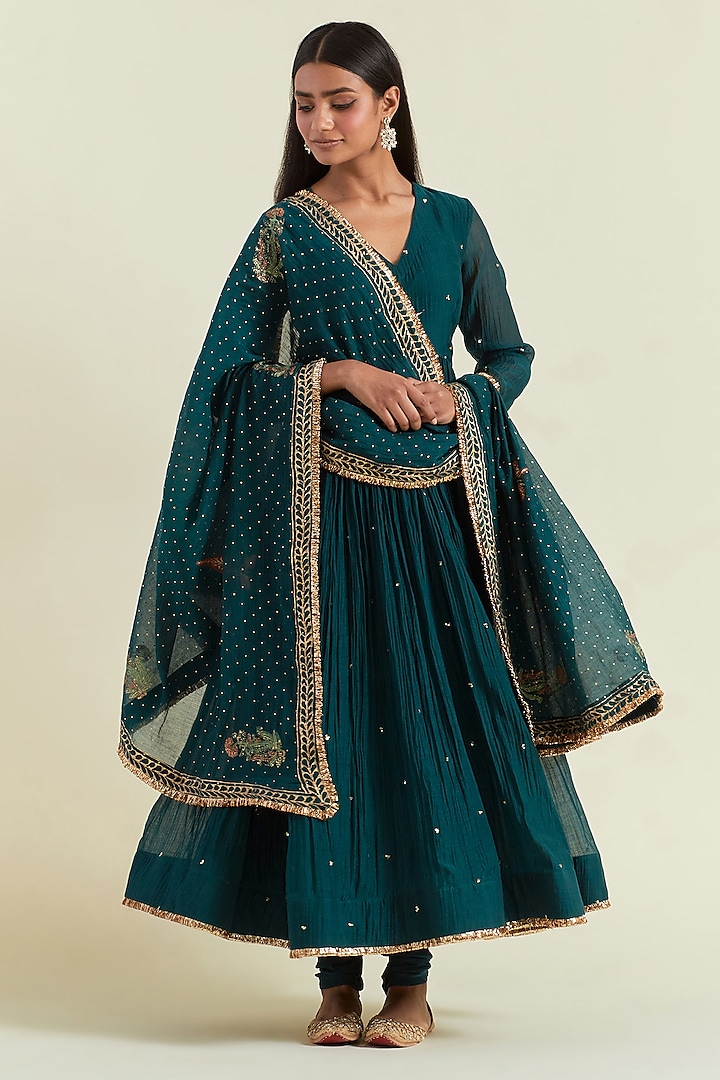 Teal Blue Chanderi Hand Embroidered Anarkali Set by Ikshita Choudhary at Pernia's Pop Up Shop