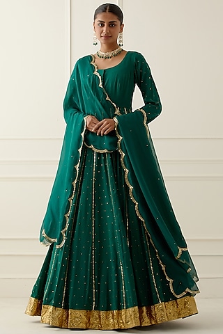 Bottle Green Embroidered Anarkali Set by Ikshita Choudhary