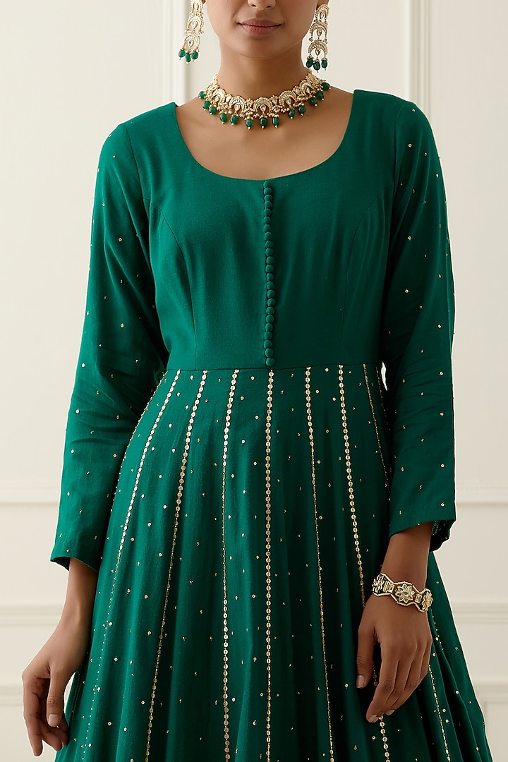 Bottle Green Embroidered Party Wear Anarkali Set by Ikshita Choudhary at Pernia's Pop Up Shop