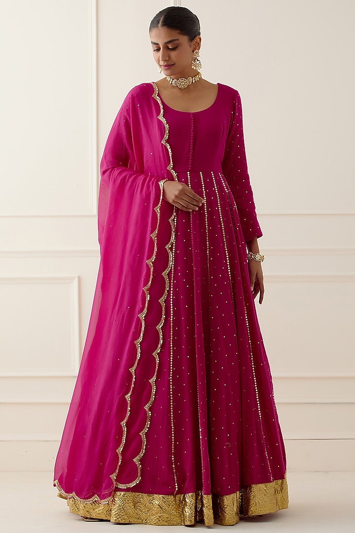 Magenta Embroidered Anarkali Set by Ikshita Choudhary